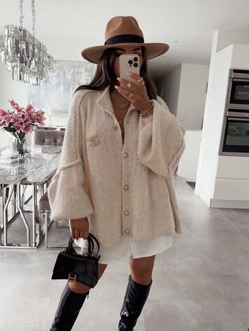 Paris Oversized Button-Detail Sweater- Beige