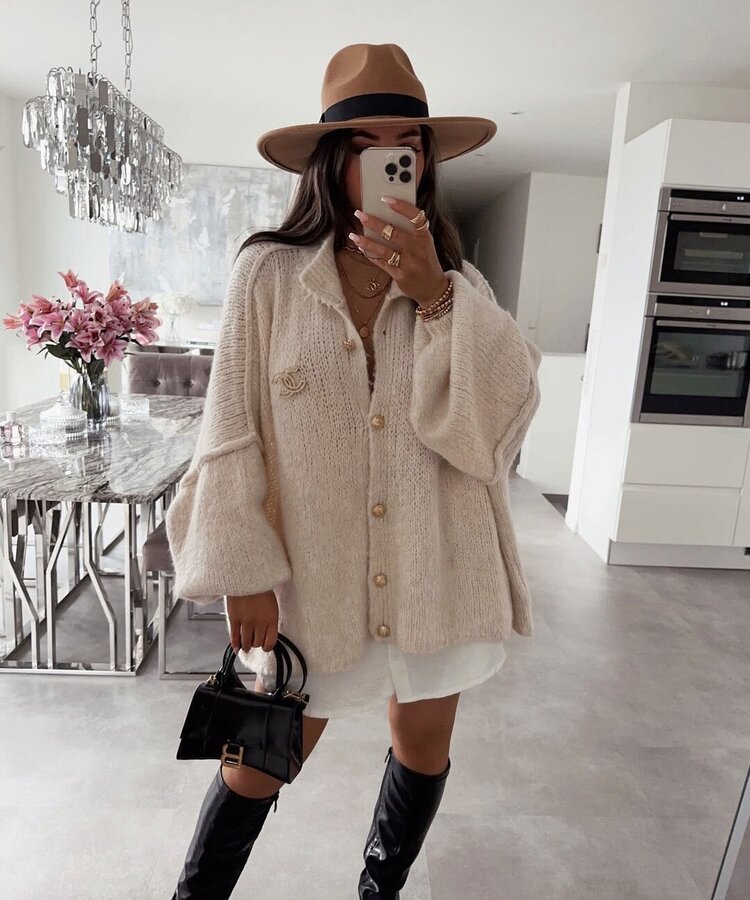 Paris Oversized Button-Detail Sweater- Beige