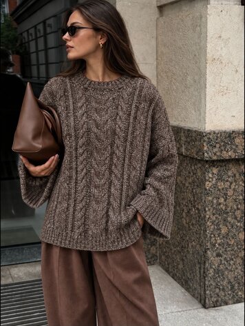 Paris Oversized Cable-Knit Sweater-Brown/White PB2007