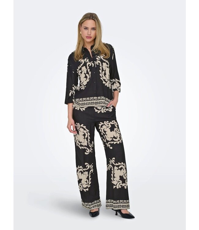JDY JDYMAGGIE Life MW Wide Pant - Black AOP: Sandshell Square Ethnic
