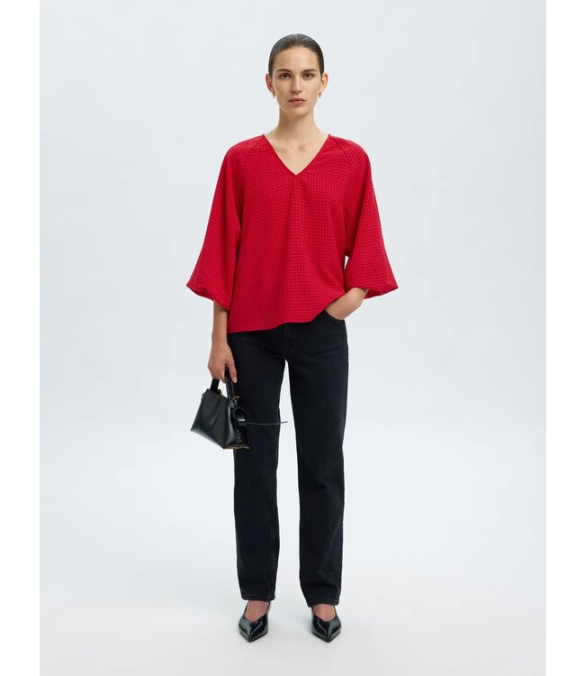 Selected Femme SLFAMIDA 3/4 V-Neck Top - Equestrian Red
