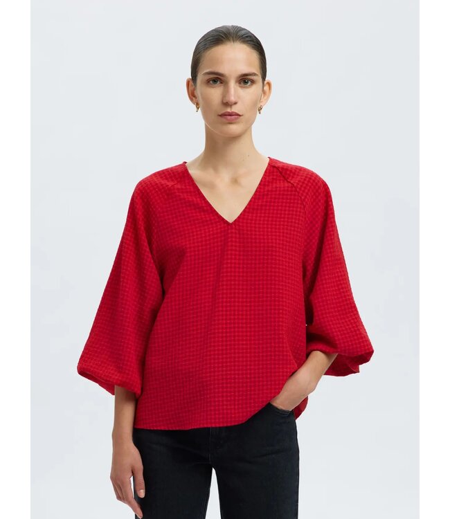 Selected Femme SLFAMIDA 3/4 V-Neck Top - Equestrian Red