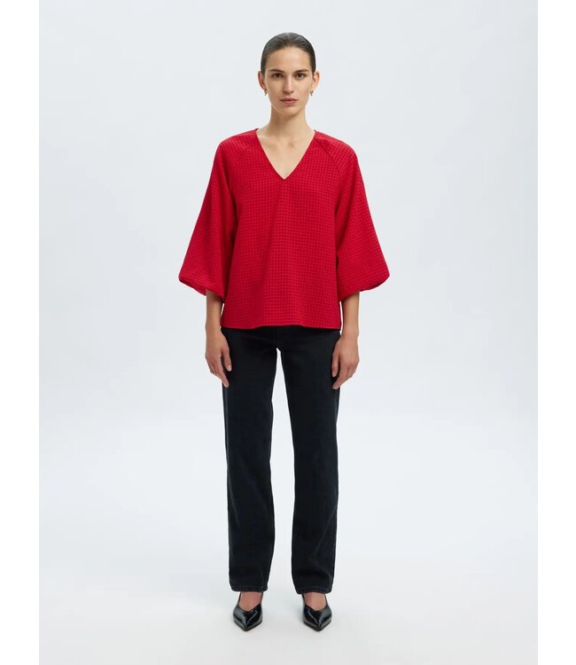 Selected Femme SLFAMIDA 3/4 V-Neck Top - Equestrian Red
