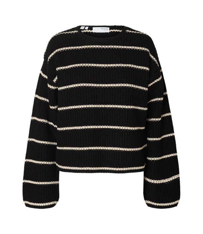 Selected Femme SLFSELMA SUS LS Knit O-Neck - Black-Birch Stripes