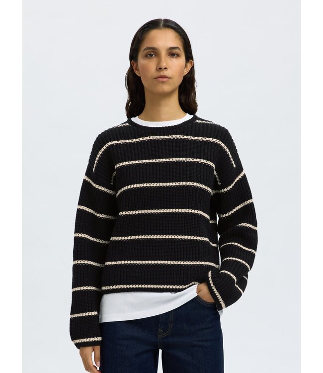 Selected Femme SLFSELMA SUS LS Knit O-Neck - Black-Birch Stripes