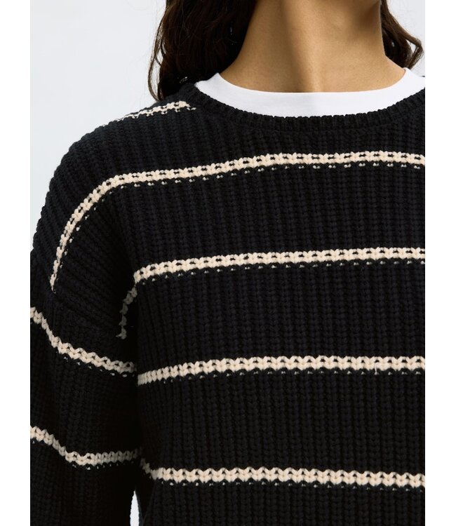 Selected Femme SLFSELMA SUS LS Knit O-Neck - Black-Birch Stripes