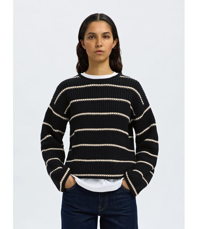 Selected Femme SLFSELMA SUS LS Knit O-Neck - Black-Birch Stripes