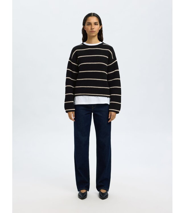 Selected Femme SLFSELMA SUS LS Knit O-Neck - Black-Birch Stripes