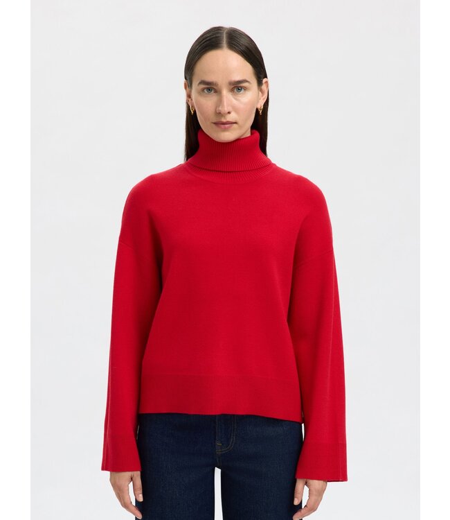 Selected Femme SLFKAMMA LS Knit Roll Neck - Equestrian Red