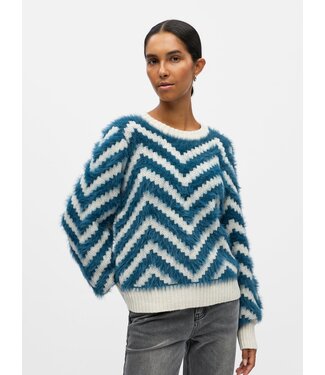 Object OBJHOLLOW L/S RE Knit Pullover - White Sand / Legion Blue