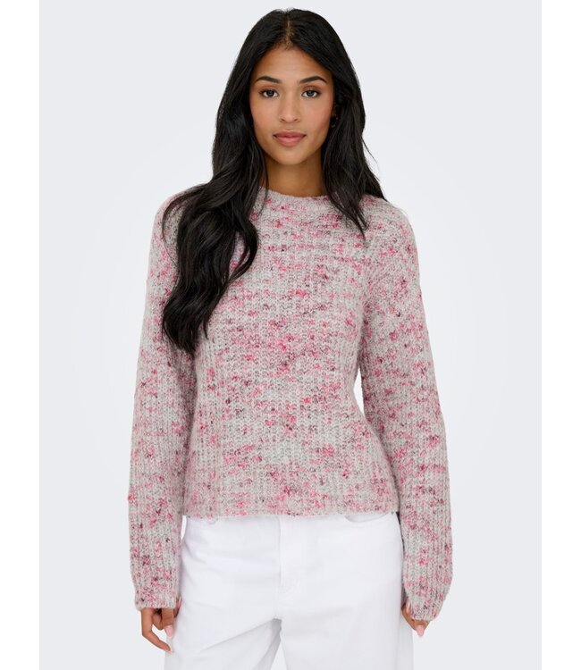 JDY JDYLEAH L/S O-Neck Pullover - Cloud Dancer W. PURPLE POTION/CARMINE ROSE