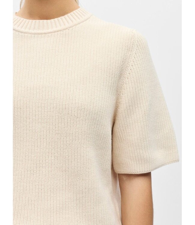 Object OBJFLO Knit Pullover White Sand – Dames Trui Korte Mouw met Ronde Hals