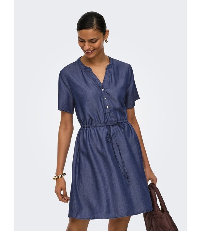 JDY JDYJASPER Dress Dark Blue Denim – Dames denim jurk met V-hals en tunnelkoord