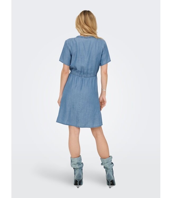 JDY JDYJASPER Dress Medium Blue Denim – Dames denim jurk met V-hals en tunnelkoord