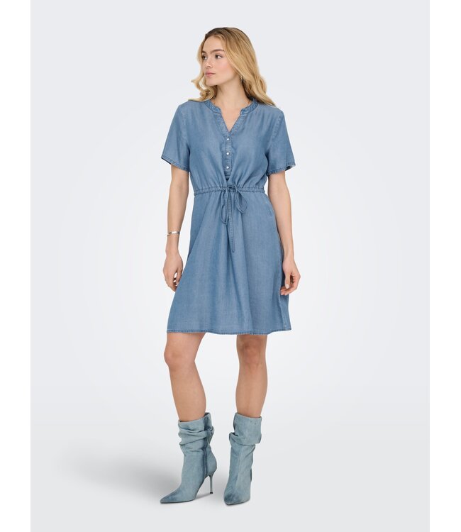 JDY JDYJASPER Dress Medium Blue Denim – Dames denim jurk met V-hals en tunnelkoord