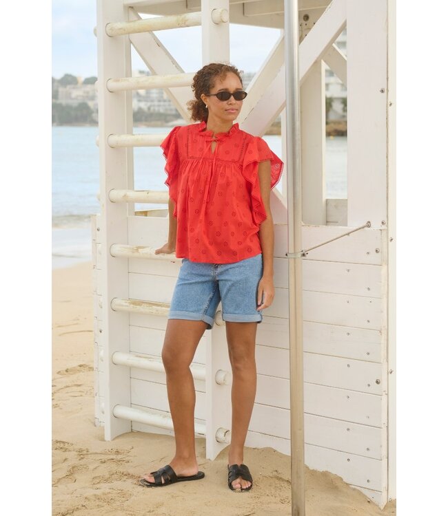 KAFFE KAvilma dames Denim Shorts Washed Blue met stretch en omgeplooide zoom