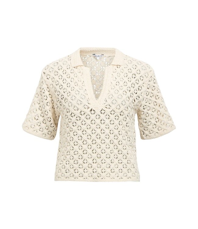 Object OBJMASI Knit Pullover Birch – Dames crochet polo met korte mouwen