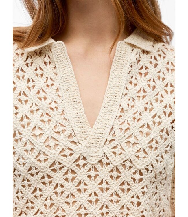 Object OBJMASI Knit Pullover Birch – Dames crochet polo met korte mouwen