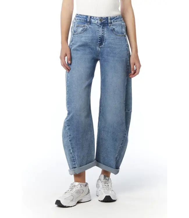 Courage Medium blauwe dames barrel jeans 7/8 met omslag, zachte stretch denim en comfortabele trendy pasvorm