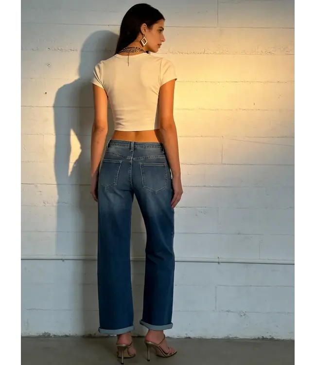 Courage Medium blauwe dames jeans met lange lengte, rechte pijp, zachte stretch denim en comfortabele pasvorm