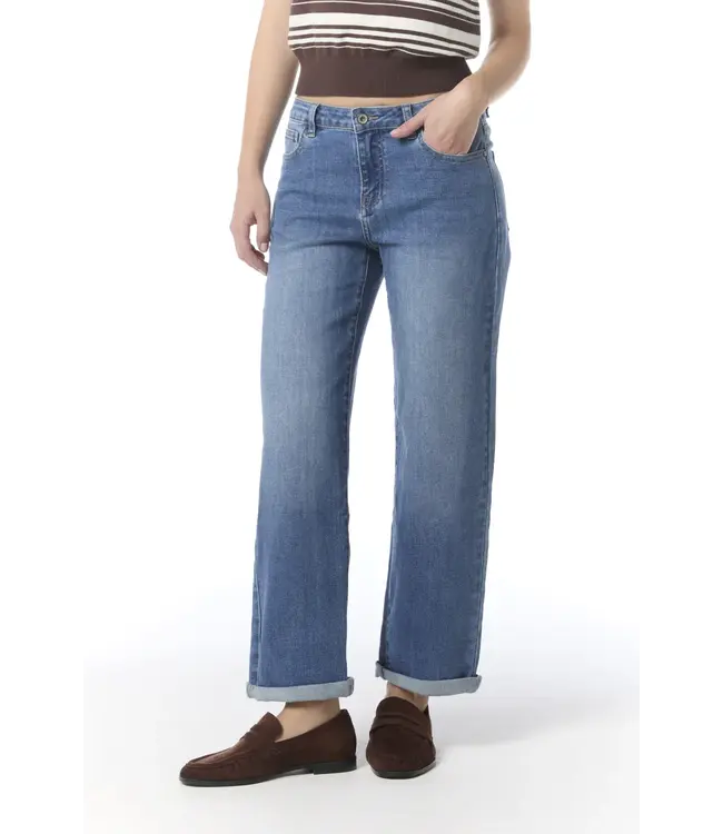 Courage Medium blauwe dames jeans met lange lengte, rechte pijp, zachte stretch denim en comfortabele pasvorm