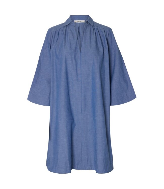 Selected Femme Dames oversized katoenen jurk in donkerblauw met V-hals en 3/4-mouwen