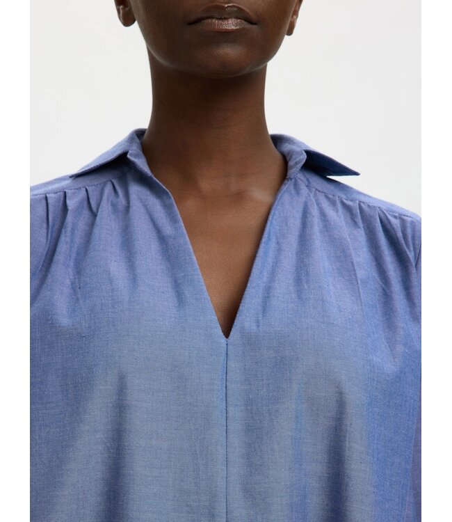 Selected Femme Dames oversized katoenen jurk in donkerblauw met V-hals en 3/4-mouwen