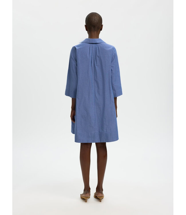 Selected Femme Dames oversized katoenen jurk in donkerblauw met V-hals en 3/4-mouwen