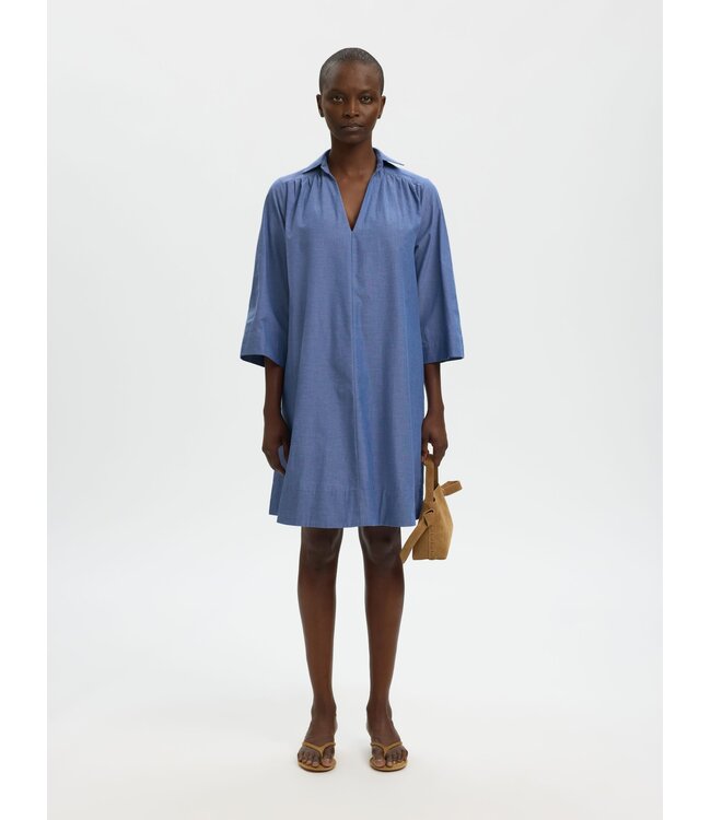 Selected Femme Dames oversized katoenen jurk in donkerblauw met V-hals en 3/4-mouwen