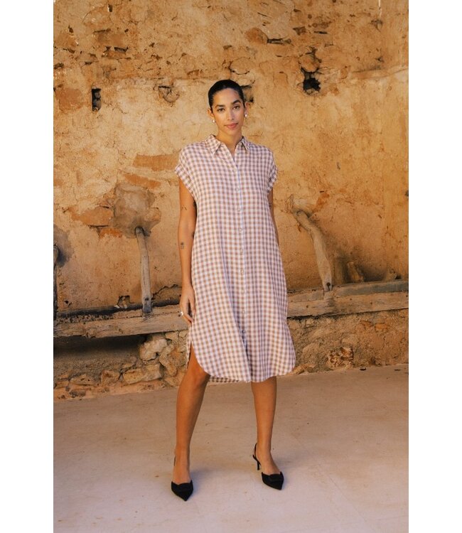 b.young BYFALAKKA dames jurk met ruitjesprint Woodsmoke Check luchtige midi shirt dress