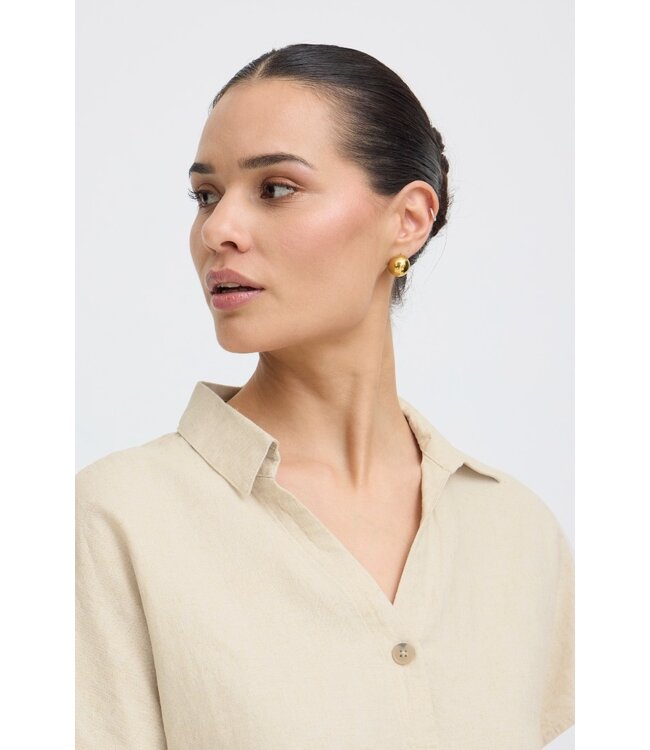 b.young BYFALAKKA dames blouse Rainy Day Melange linnenmix top met V-hals en korte mouwen