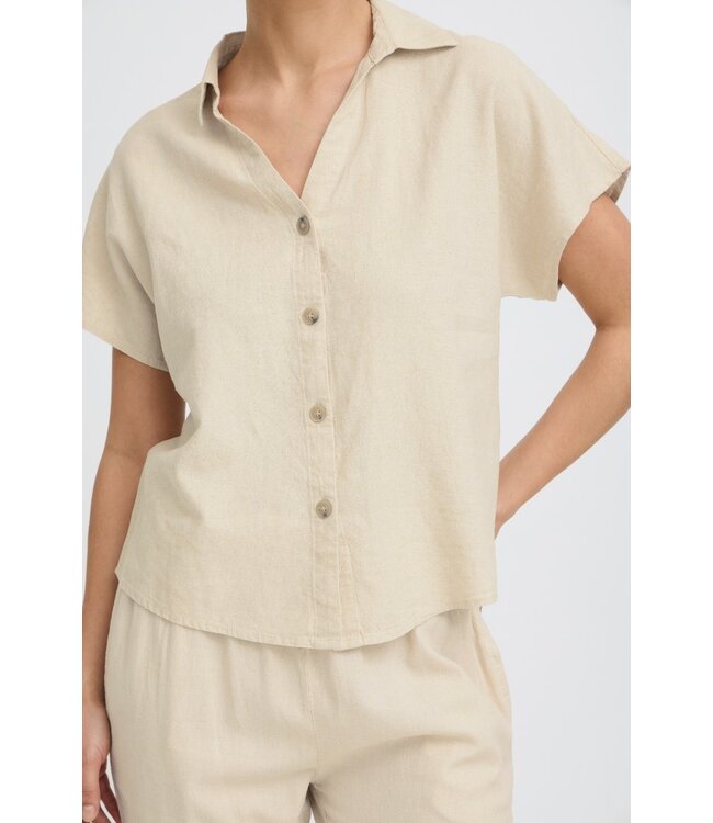 b.young BYFALAKKA dames blouse Rainy Day Melange linnenmix top met V-hals en korte mouwen