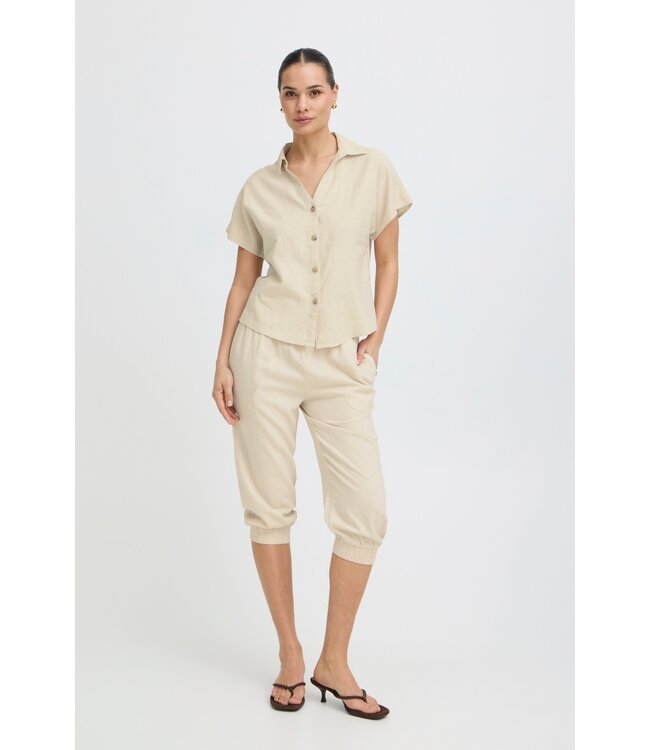 b.young BYFALAKKA dames blouse Rainy Day Melange linnenmix top met V-hals en korte mouwen