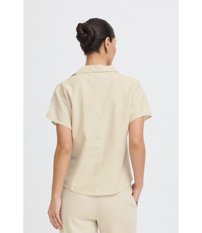 b.young BYFALAKKA dames blouse Rainy Day Melange linnenmix top met V-hals en korte mouwen