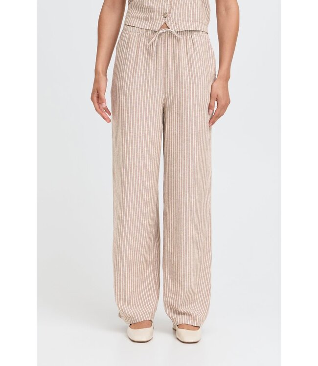 b.young BYFALAKKA dames broek Woodsmoke Stripe linnenmix wide leg met elastische taille
