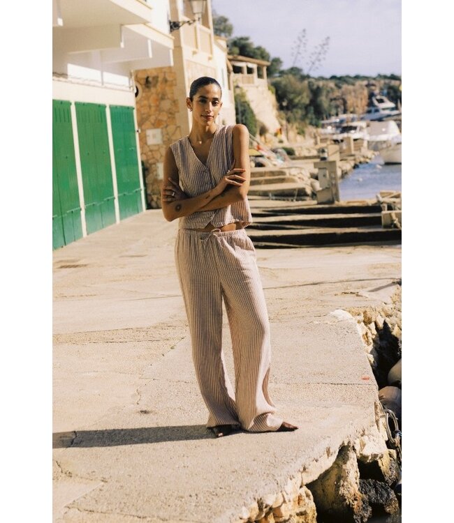 b.young BYFALAKKA dames broek Woodsmoke Stripe linnenmix wide leg met elastische taille
