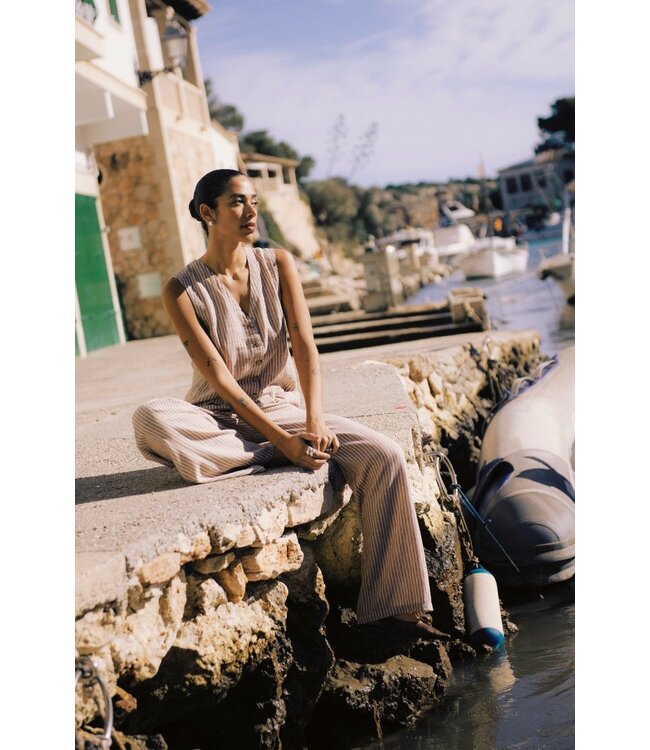 b.young BYFALAKKA dames broek Woodsmoke Stripe linnenmix wide leg met elastische taille