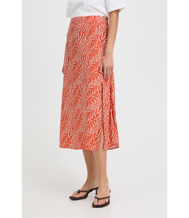 b.young BYMMJOELLA dames midi rok Nature Vibes Fiesta oranje print A-lijn ECOVERO viscose