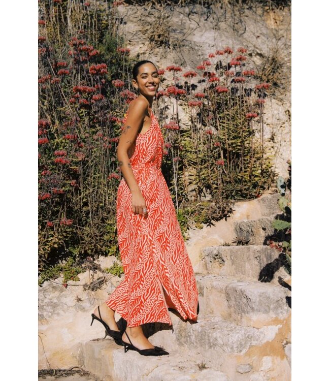 b.young BYMMJOELLA dames maxi jurk met Nature Vibes Fiesta oranje print