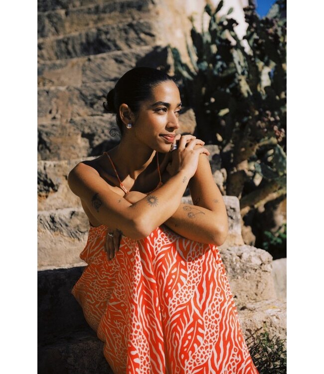b.young BYMMJOELLA dames maxi jurk met Nature Vibes Fiesta oranje print