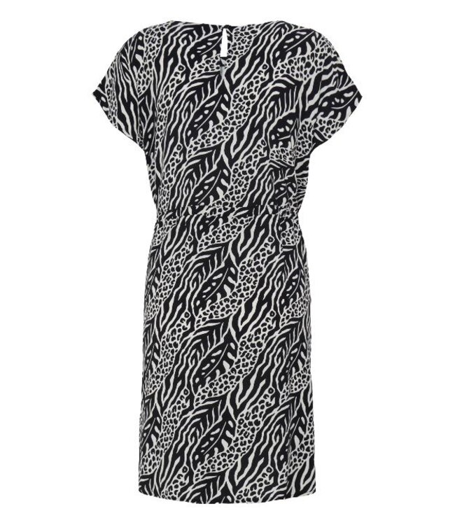 b.young BYMMJOELLA O-Neck Dress Dames jurk met zwart-witte print en korte kapmouwen