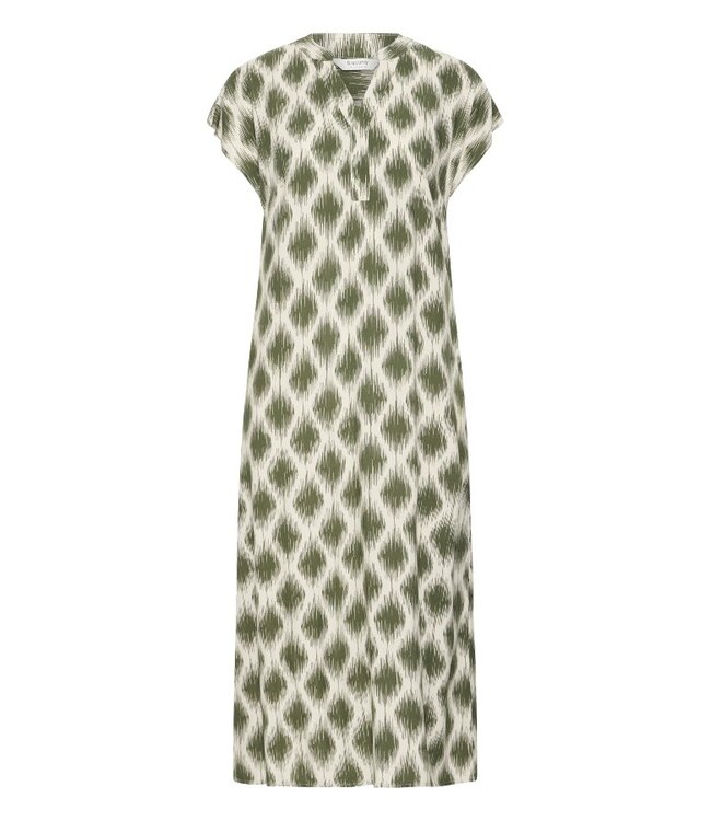 b.young BYMMJOELLA Dress 3 - Dames midi jurk met groen-beige print en korte kapmouwen