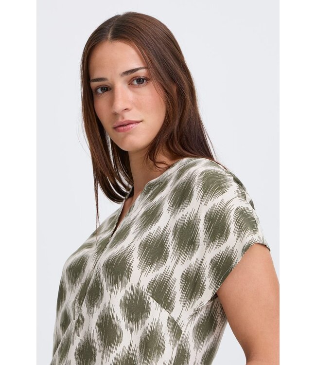 b.young BYMMJOELLA Dress 3 - Dames midi jurk met groen-beige print en korte kapmouwen