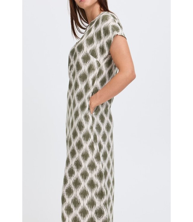 b.young BYMMJOELLA Dress 3 - Dames midi jurk met groen-beige print en korte kapmouwen