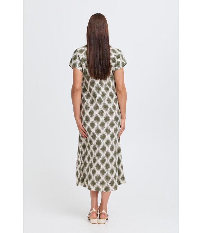 b.young BYMMJOELLA Dress 3 - Dames midi jurk met groen-beige print en korte kapmouwen