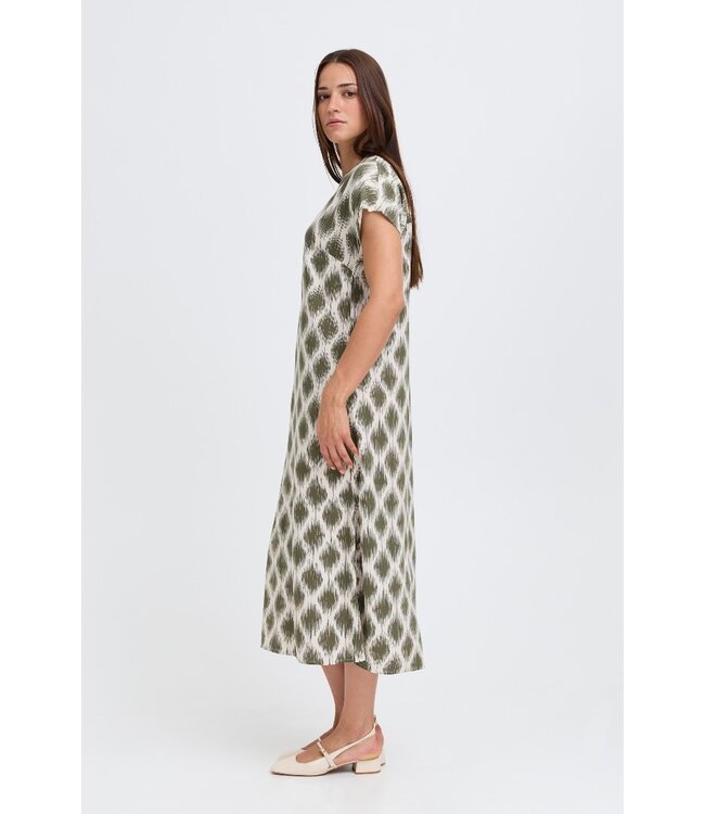 b.young BYMMJOELLA Dress 3 - Dames midi jurk met groen-beige print en korte kapmouwen