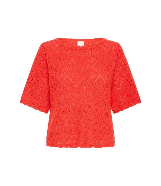 ICHI IHLALUHA T-shirt - Gebreide dames t-shirt fiery red met ajour patroon en losse fit