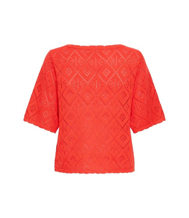 ICHI IHLALUHA T-shirt - Gebreide dames t-shirt fiery red met ajour patroon en losse fit