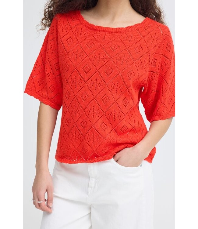 ICHI IHLALUHA T-shirt - Gebreide dames t-shirt fiery red met ajour patroon en losse fit