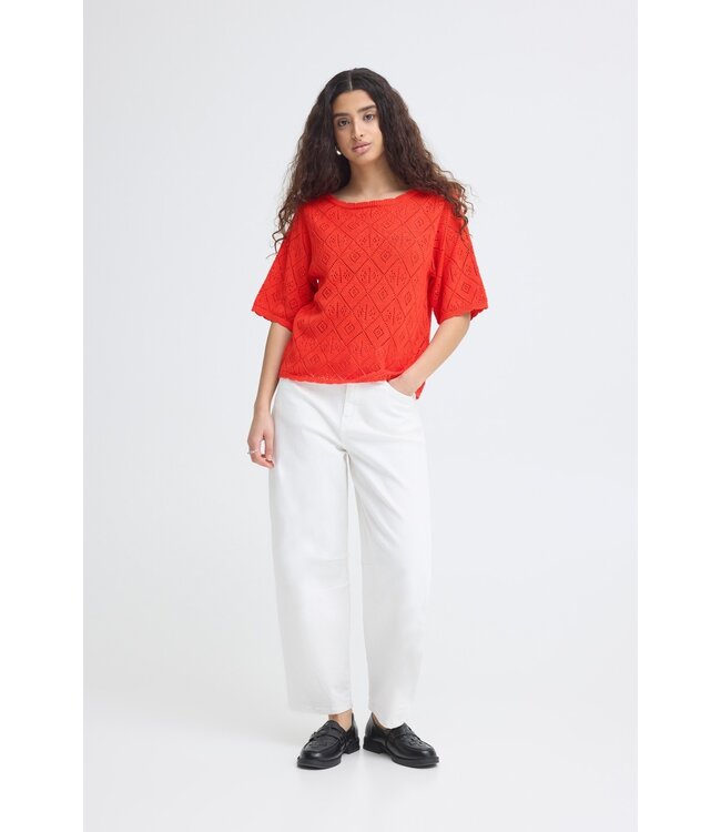 ICHI IHLALUHA T-shirt - Gebreide dames t-shirt fiery red met ajour patroon en losse fit